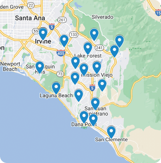 Map showing a section of Southern California with multiple blue location pins indicating specific points from Irvine to San Clemente. Major highways and city names are visible.