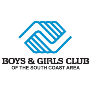 Logo of Boys & Girls Club of the South Coast Area featuring two blue hands forming a stylized shape above the organization name in bold black text.