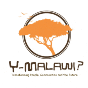 Logo with an orange tree silhouette inside a circle, birds flying above. Text below reads: "Y-Malawi? Transforming People, Communities and the Future.